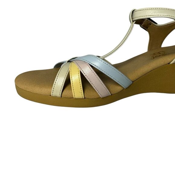 Vintage 70s Sandals YoYos Strappy Hippie Groovy Wedge Heel Pastel Leather 8.5 - Picture 10 of 16